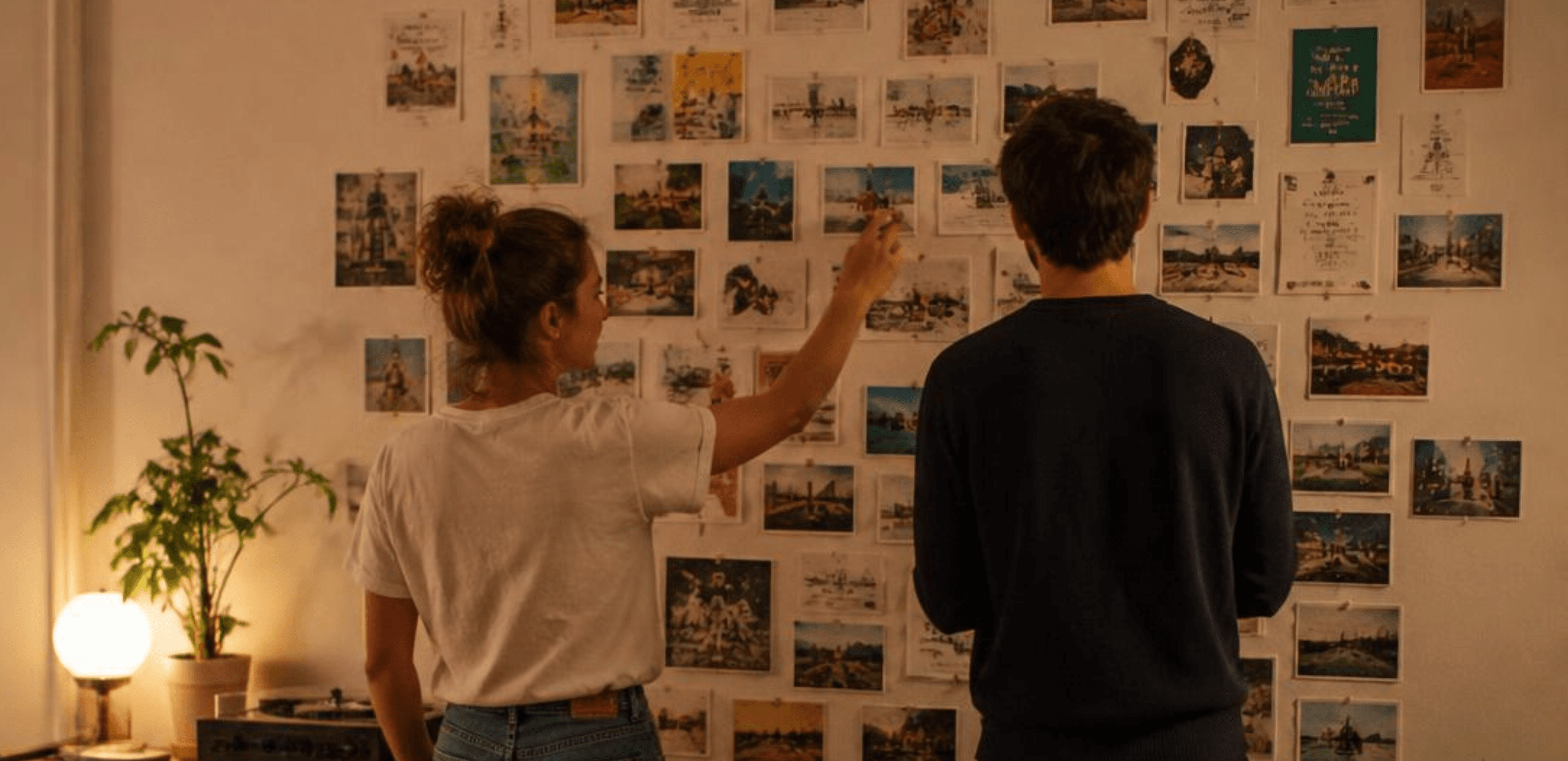Two people looking at a wall of photos and postcards