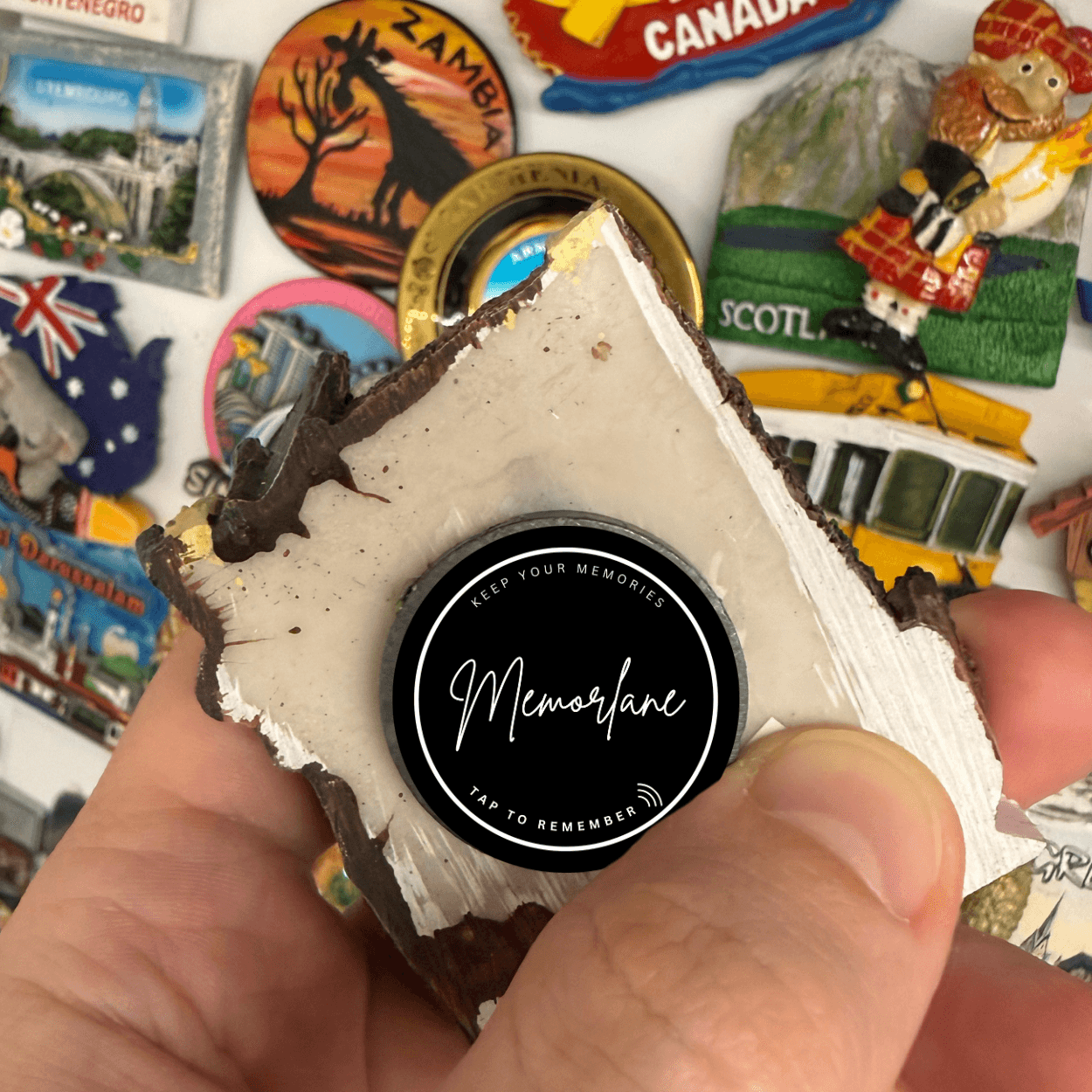 Tapping a MemorLane sticker on a keepsake to link a memory
